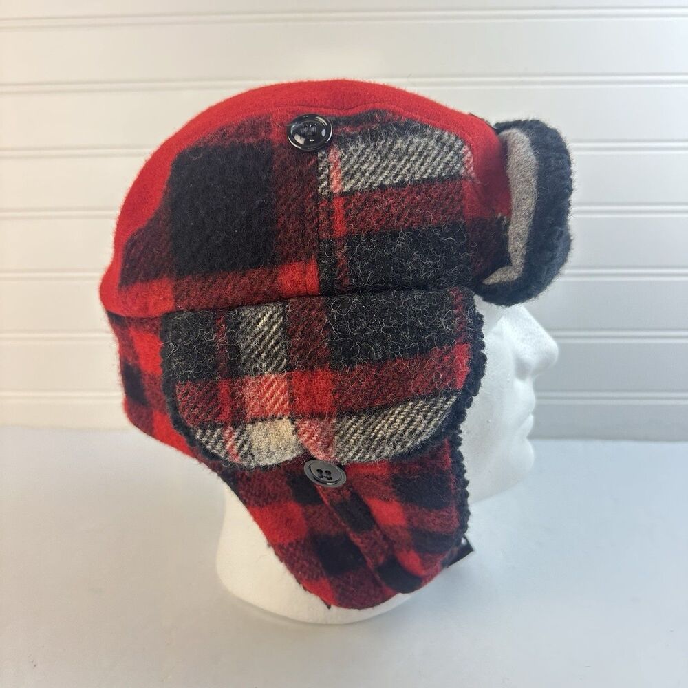 Johnson Woolen Mills Size M Red Black Plaid Hunting Hat Bomber Trapper Cap USA